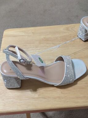 Beautiful Rhinestone Silver Strappy Thick Heeled Shannon Sandals